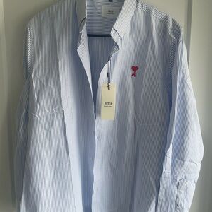 Ami Men's Light Blue Pinstripe Button Down Shirt